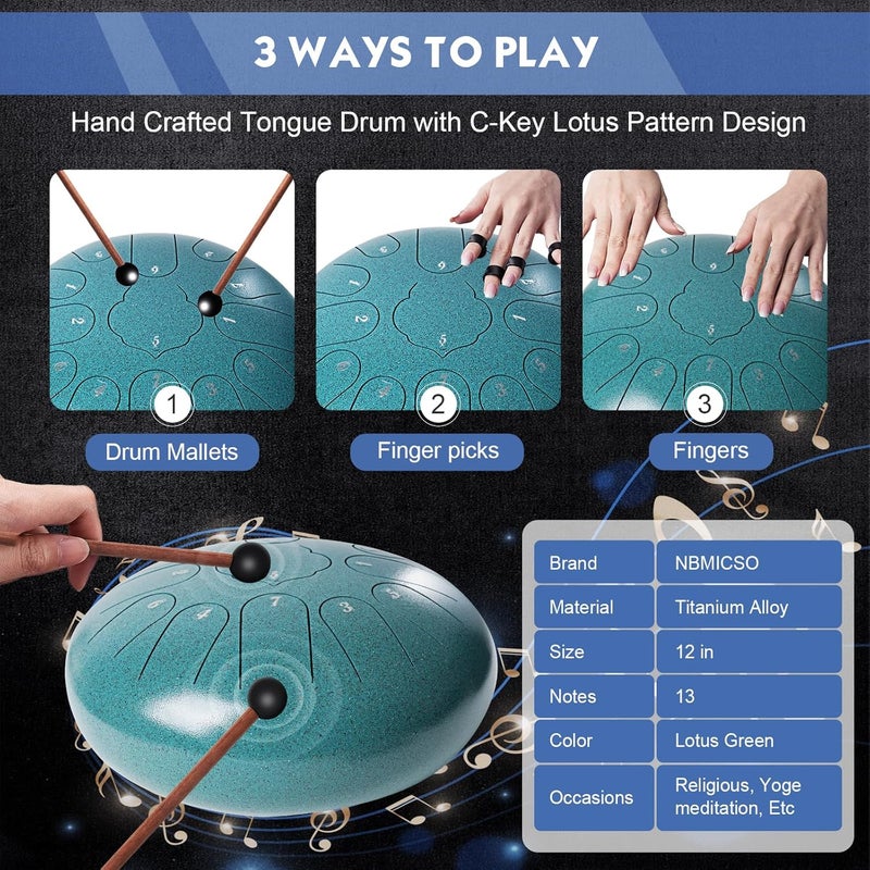 NBMICSO Steel Tongue Drum- 13 Note 12 Inches C-key Rain Drum Sound Healing Instruments - Handpan Drum for Meditation Entertainment Musical Education Concert Mind Healing Yoga (Malachite) - Image 4